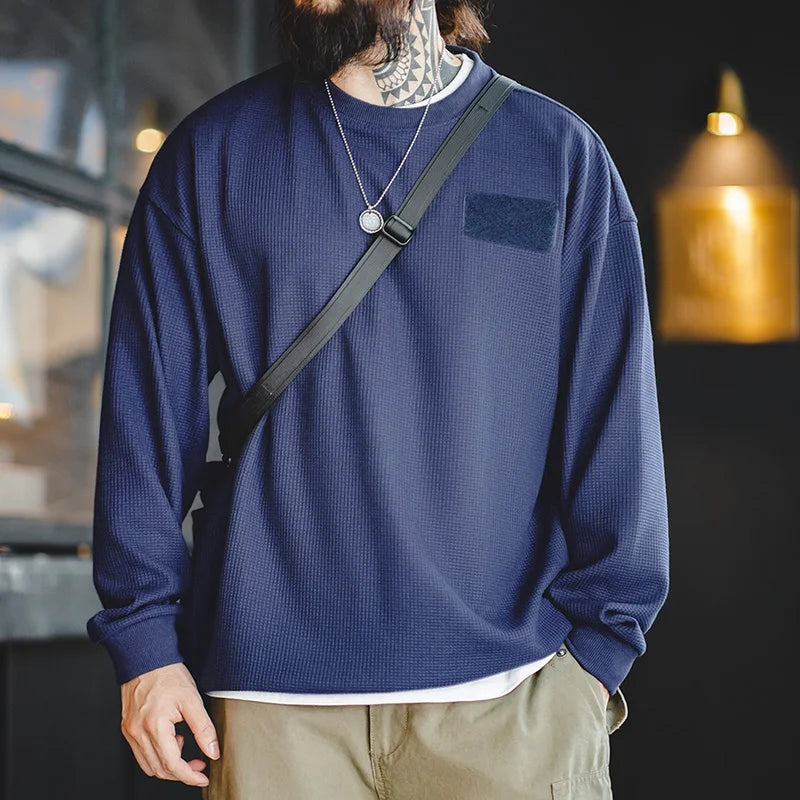Maden Drop Shoulder Sleeve Waffle T-shirts for Men Casual Round Collar Versatile Layering Sweatshirt Male Long-sleeved Tees