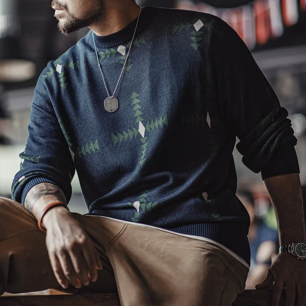 Maden Retro Geometric Pattern Knitted Sweater College Style Christmas Loose Round Neck Pullover for Men's  Fall and Winter Tops