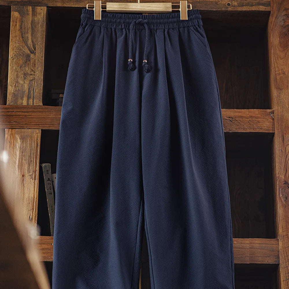Maden Casual Elastic Waist Seersucker Pants Men's Lightweight Loose Wide Leg Breathable Trousers Navy Blue Versatile Bottoms