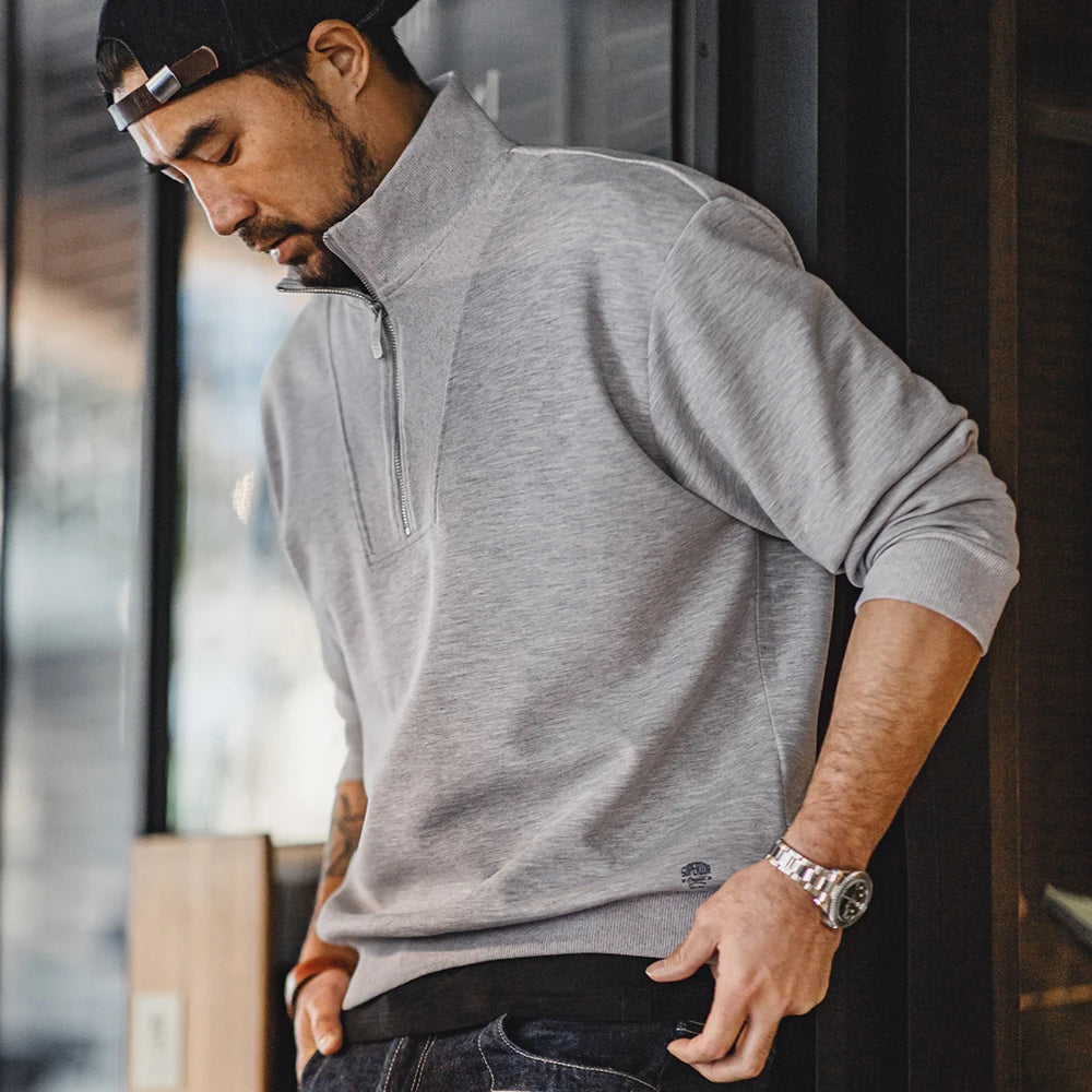 Maden Men's Spring and Autumn Casual Gray Pullover Sweatshirt Patchwork Standing Collar Sweatshirts Metal Zipper Top Clothing