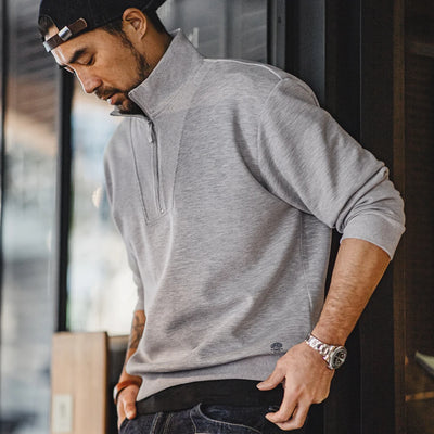 Maden Men's Spring and Autumn Casual Gray Pullover Sweatshirt Patchwork Standing Collar Sweatshirts Metal Zipper Top Clothing