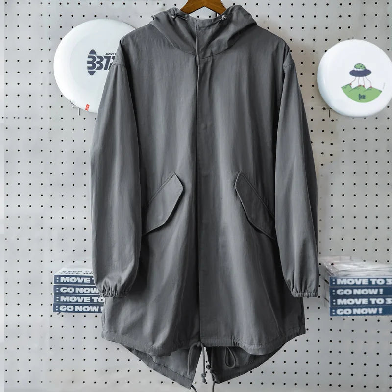 Maden Retro M51 Windbreaker Hooded Parka Fish-tail Hem Print Jacket Long-length Gray Overcoat for Men Spring and Fall Outerwear