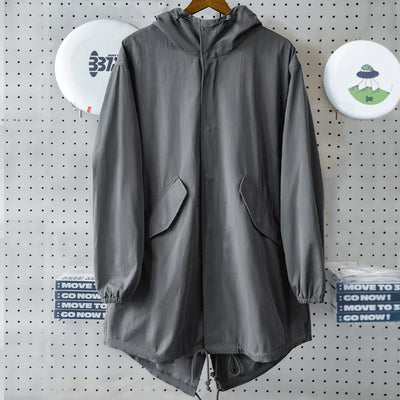 Maden Retro M51 Windbreaker Hooded Parka Fish-tail Hem Print Jacket Long-length Gray Overcoat for Men Spring and Fall Outerwear