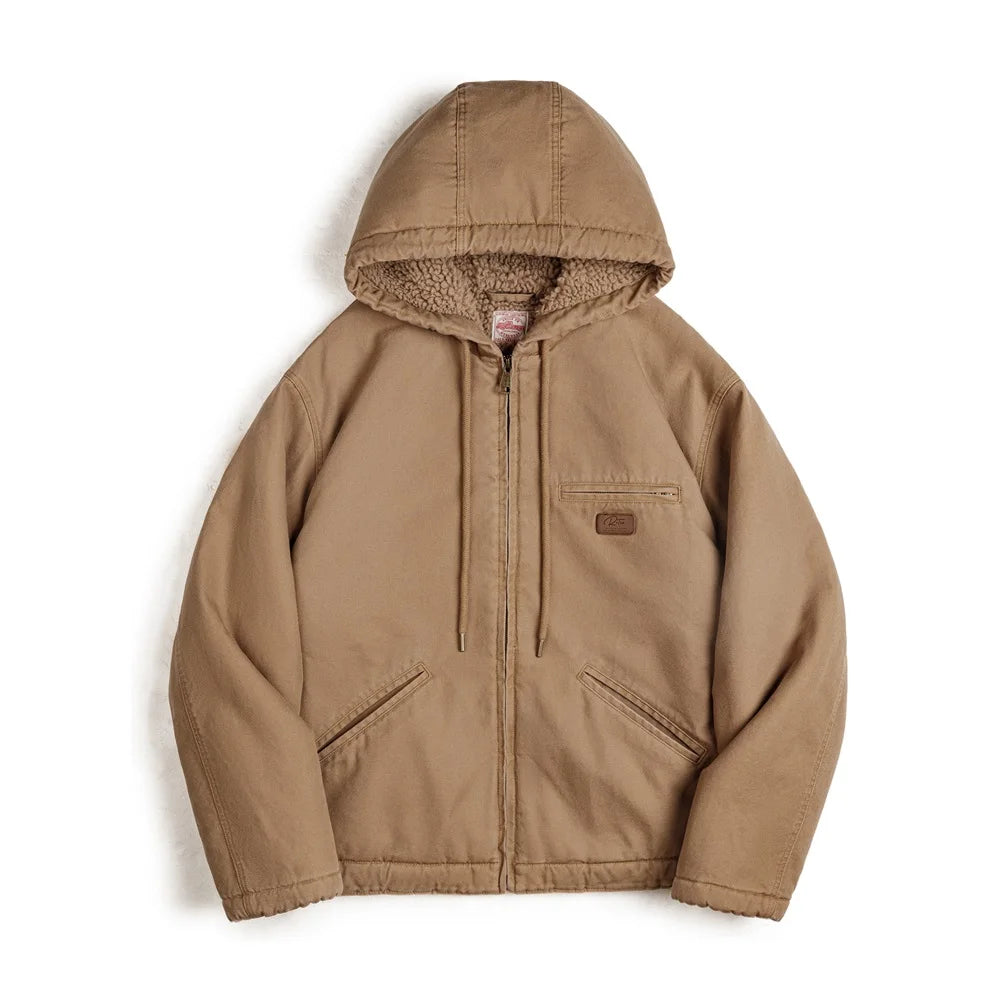 Maden Retro J141 Active Hooded Jacket Solid Color Sherpa Fleece Cotton-padded Coat with Velvet Warm  Canvas Outerwear for Men