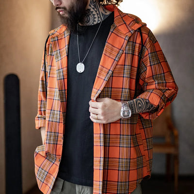 Maden Men's Casual Checked Sweatshirt-style Orange Retro Hooded Loose Long-sleeved Shirt with Single-breasted Buttons for Spring