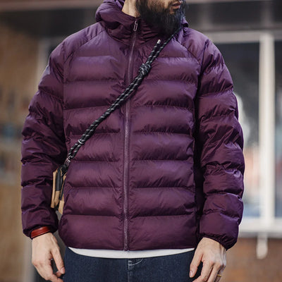 Maden Casual Lightweight Waterproof Quilted Hooded Cotton-padded Jacket Warm Solid Color Zippered Coat Men's Versatile Outerwear