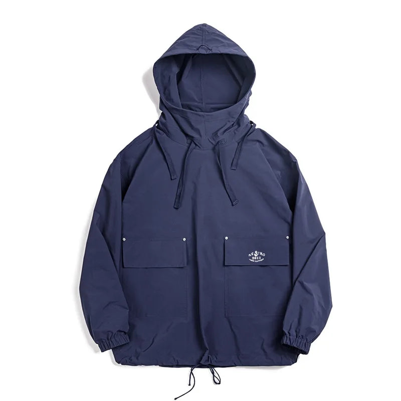 Maden Men's Vintage Deck Smock Hoodies Outdoor Windproof Hoodie Loose Pullover Jacket with Large Pockets Printed Clothing Tops