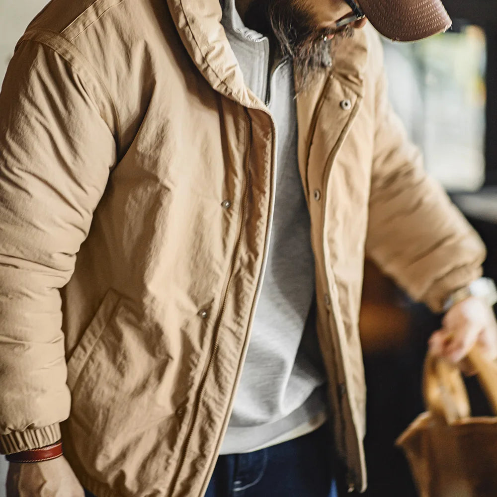 Maden Retro Khaki Stand-up Collar Cotton-padded Coat Thickened Warm Puffy Jacket with Zipper for Men's Fall and Winter Outerwear