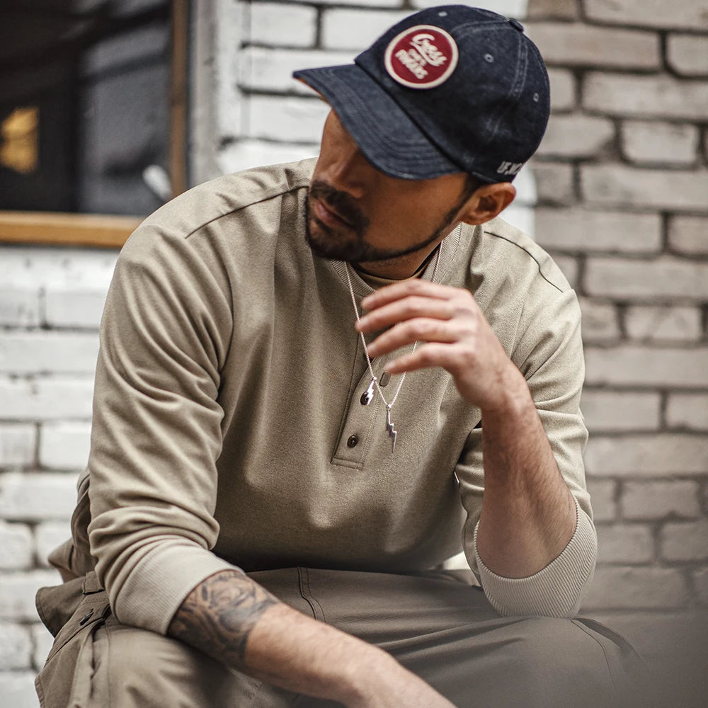 Maden American Casual Henry Collar Men's Clothing Tops Sweatshirt Clean-fit Long-sleeved Bottoming Spring T-shirt Fashion