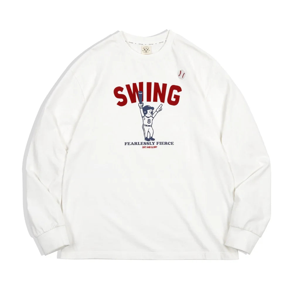 Maden Men's Three-dimensional Embroidered Baseball Pattern Long-sleeved T-shirts Crew Neck Cotton Bottom Shirts Autumn Tees