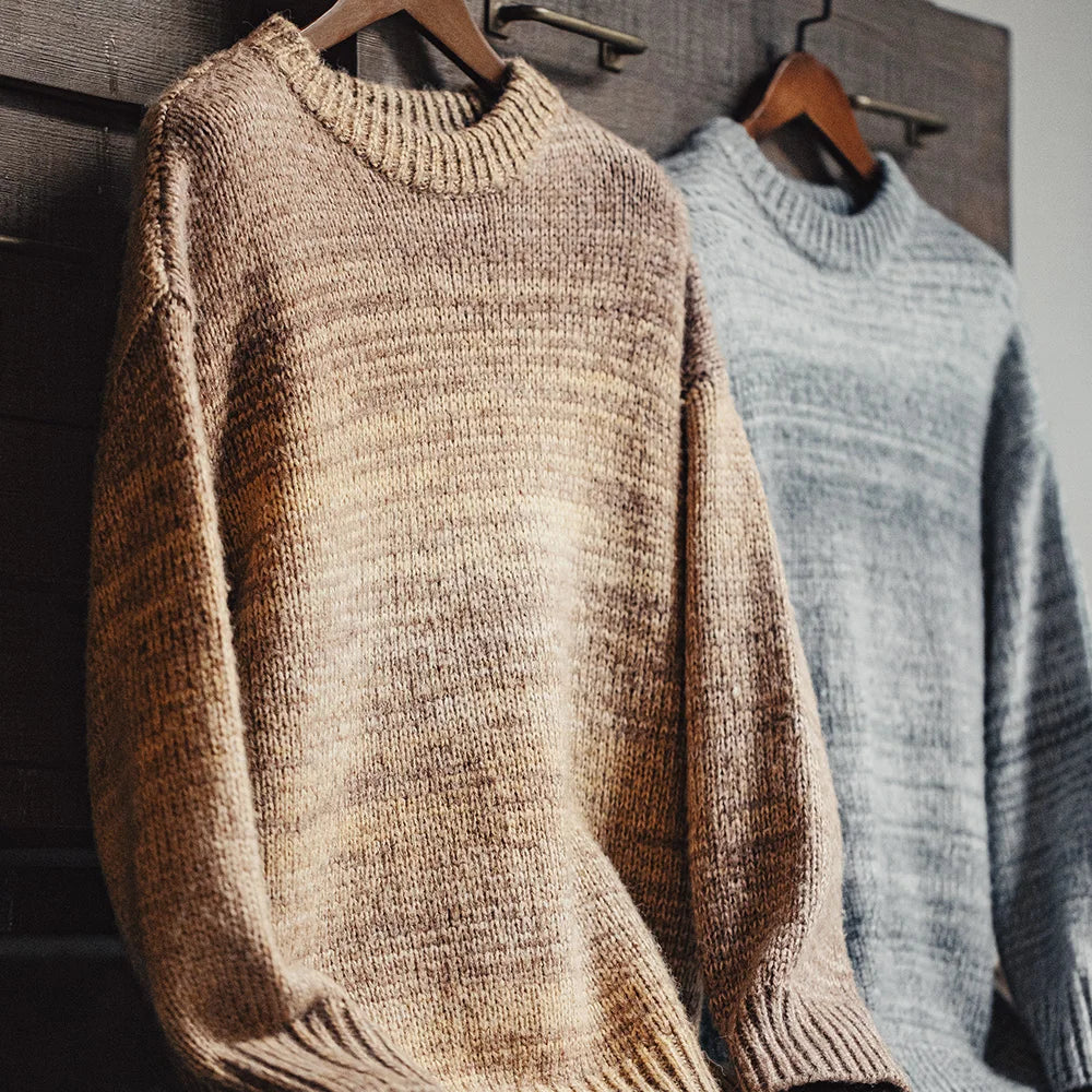 Maden Men's Autumn Winter American Vintage Gradient Stripe Sweater Pullover Round Neck Blended Knitwear