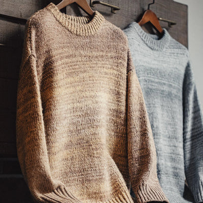 Maden Men's Autumn Winter American Vintage Gradient Stripe Sweater Pullover Round Neck Blended Knitwear