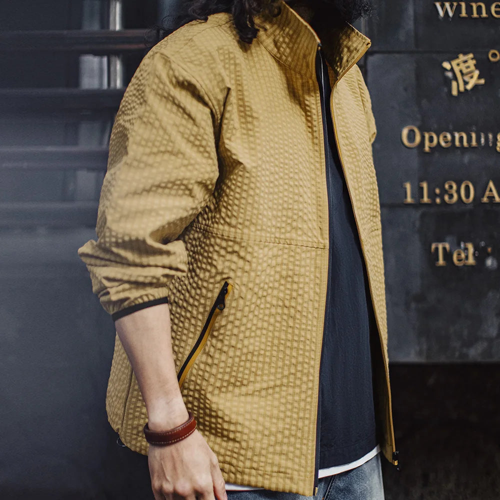 Maden Casual Outdoor Checkered Jacket Men's Spring Summer Breathable Windproof Stand Collar Yellow Zip-Up Versatile Outerwear