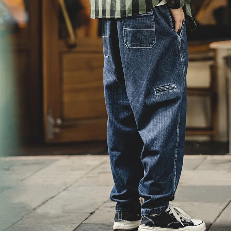 Maden Tapered Denim Jeans for Men Mid-waist Loose-fit Harem Pants Autumn Leisure Streetwear Blue Jeans YKK Metal Zippers