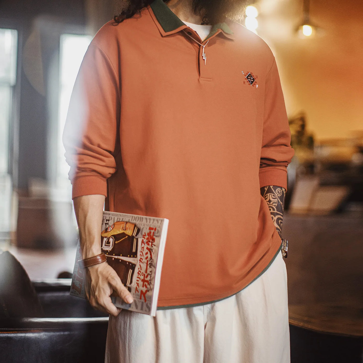 Maden Men's Vintage Navajo Embroidered Polo Shirt Contrast Knitted Sweatshirt Loose Fit Long Sleeve Pullover for Spring Fall