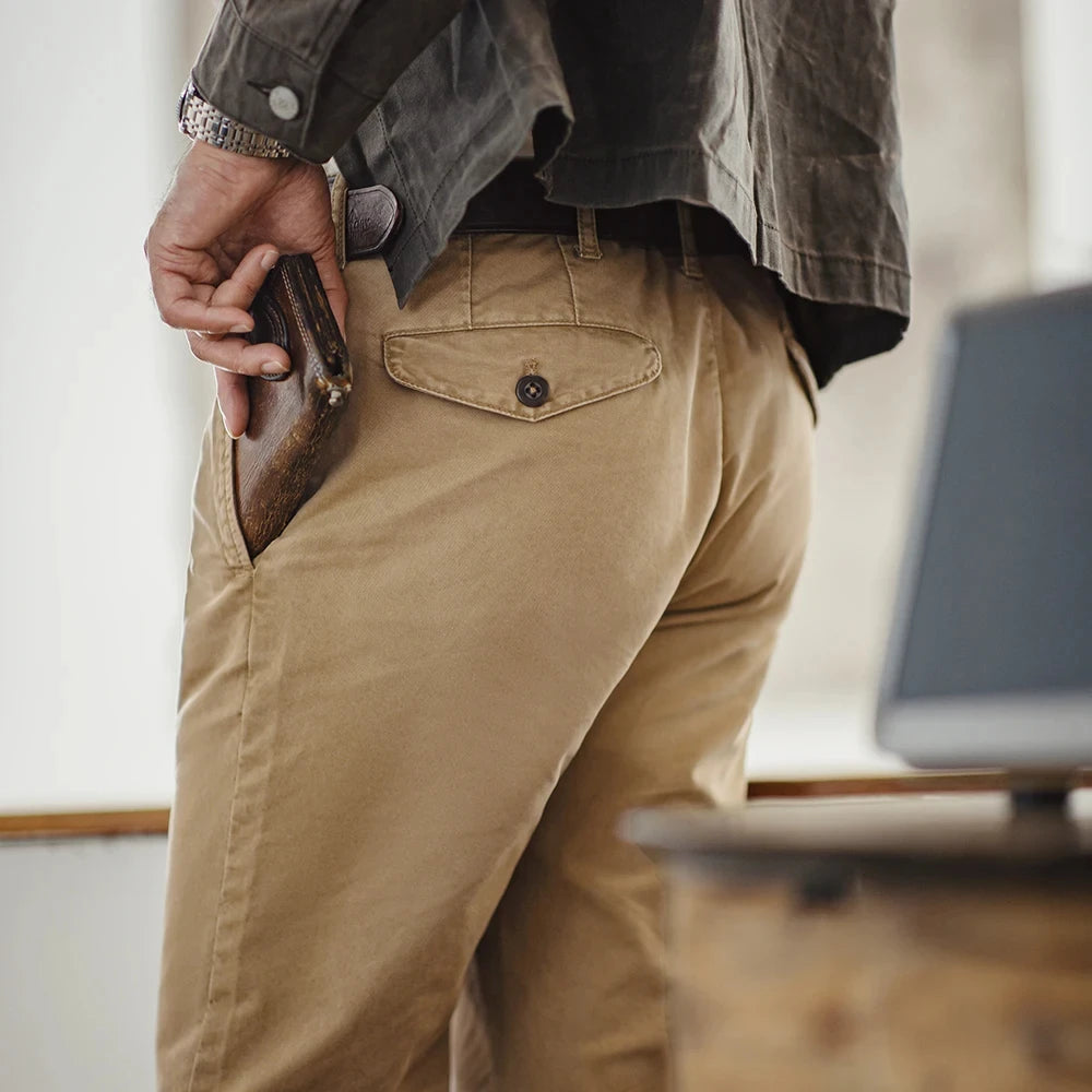 Maden Vintage Heavyweight Khaki Casual Pants Twill Cotton Straight Pants  for Men's Autumn Workwear Classic Zip Fly Trousers