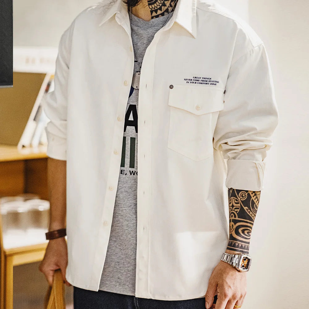 Maden Casual Herringbone Long-Sleeved Shirt with Letter Print Lapel Collar White Blouse for Men's Fall and Winter All-Match Tops