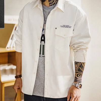Maden Casual Herringbone Long-Sleeved Shirt with Letter Print Lapel Collar White Blouse for Men's Fall and Winter All-Match Tops