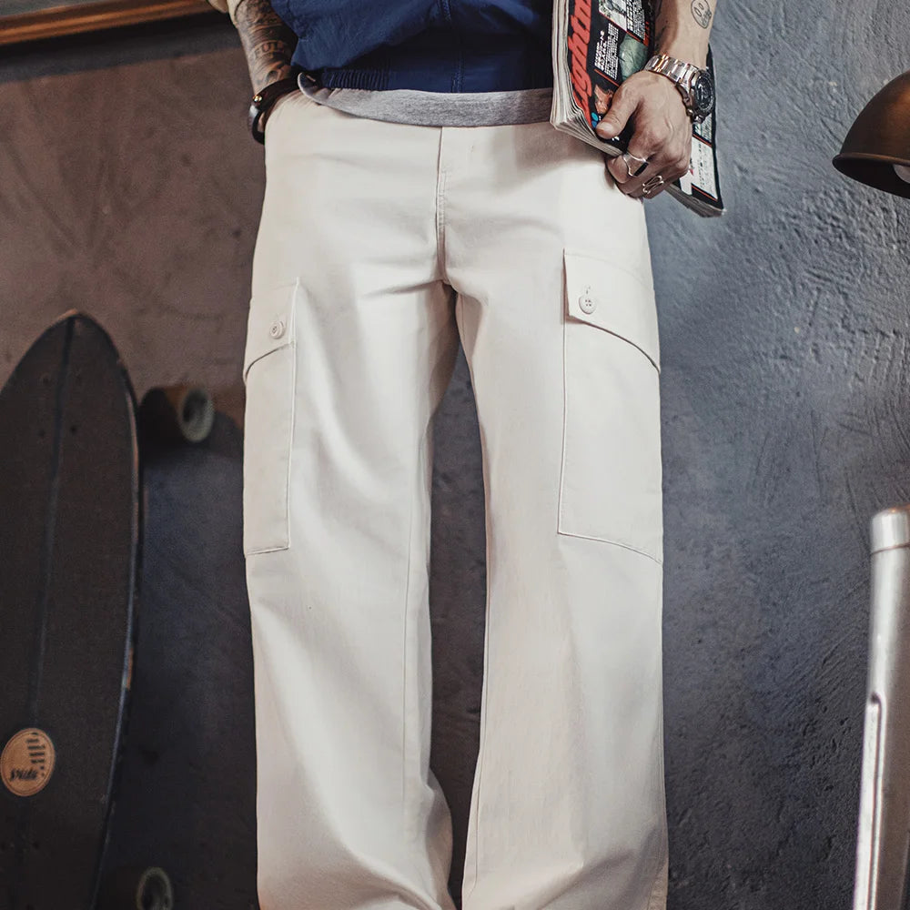 Maden Men's M43-Style Heavyweight Tactical Pants Cotton Cargo Pants with Elastic Waist Multi-Pocket Straight Trousers for Summer