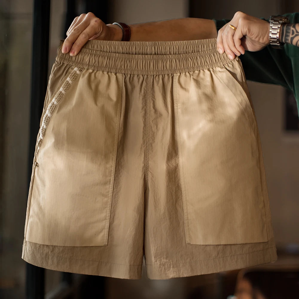 Maden Outdoor Quick-Dry Khaki Cargo Shorts Men's Summer Lightweight Woven Straight Leg Beach Pants Elastic Waist Pocket Shorts