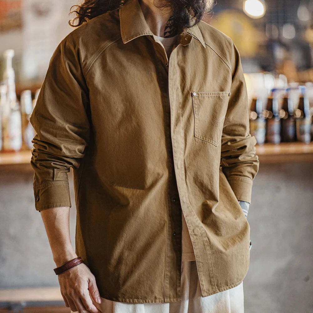 Maden Men's Vintage Print Long Sleeve Shirt Cotton Collar Chest Pocket Brown Shirt Loose Fit Casual Overshirt for Spring Fall