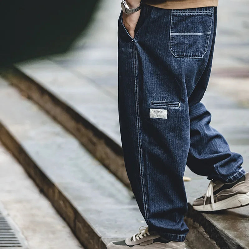Maden Tapered Denim Jeans for Men Mid-waist Loose-fit Harem Pants Autumn Leisure Streetwear Blue Jeans YKK Metal Zippers
