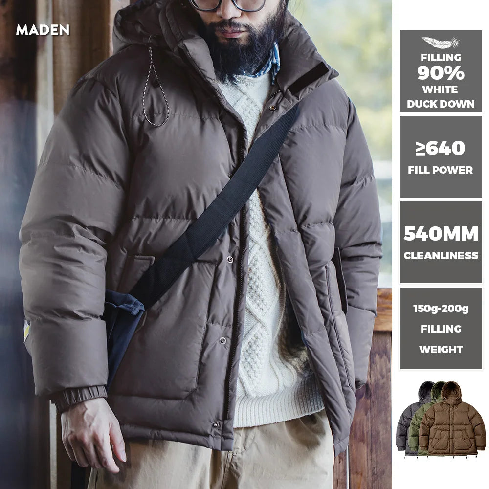 Maden Wax Surface 90% Down Jacket Men Removable Hooded Thickened Warm Winter Stand-up Collar Coat Men's Padded Outer Clothing