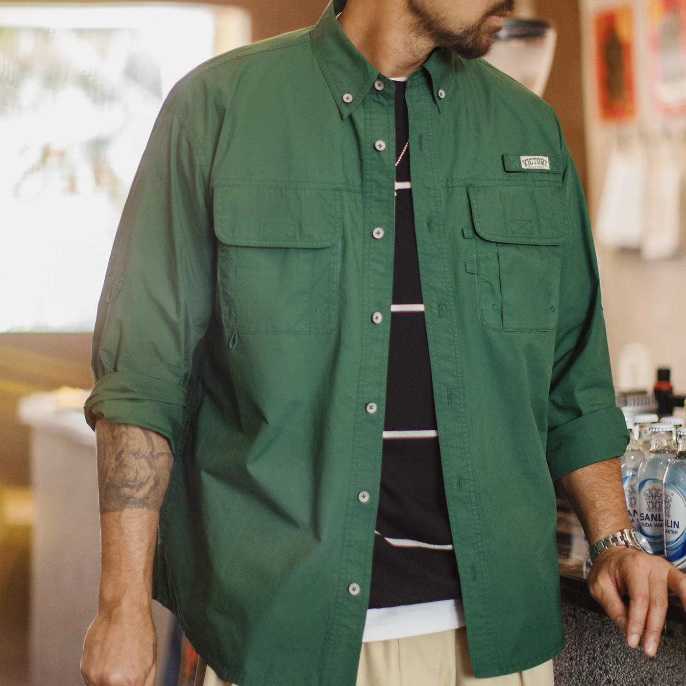 Maden Men's Vintage Multi-Pocket Long-Sleeve Shirt Green Cotton Loose Fit Single-Breasted Overshirt Lightweight Casual Blouse