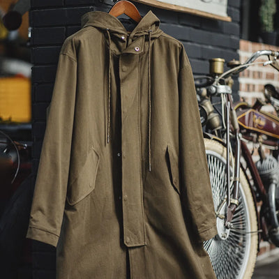 Maden Retro M51 Hooded Windbreaker Loose Fit Cotton Zipper Mid-length Jacket Versatile Solid Color Outerwear for Men's Autumn
