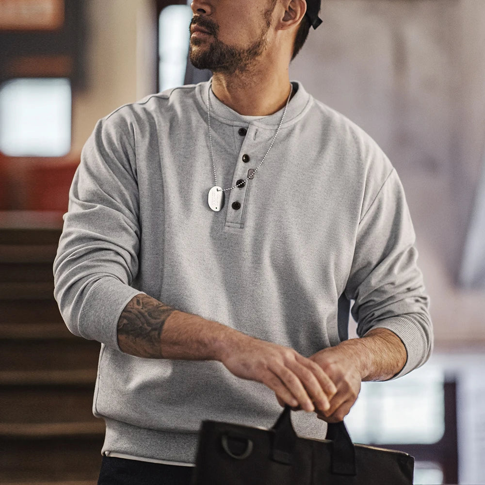 Maden American Casual Henry Collar Men's Clothing Tops Sweatshirt Clean-fit Long-sleeved Bottoming Spring T-shirt Fashion