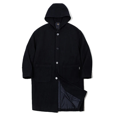 Maden Vintage Navy Blue Wool Hooded Coat Mid-Length Fleeced Jacket with Single-Breasted Warm College Style Men's Casual Overcoat