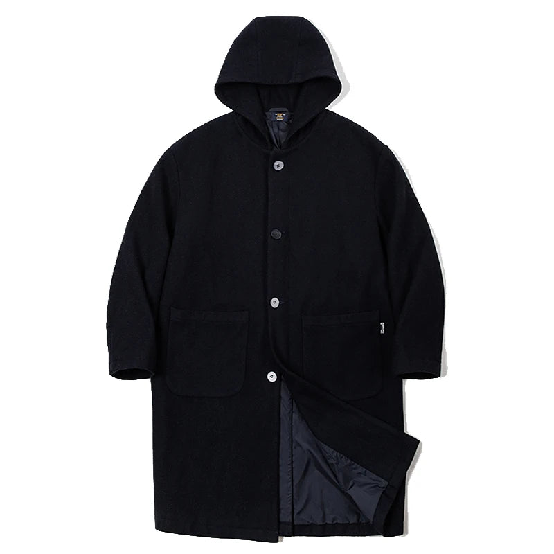 Maden Vintage Navy Blue Wool Hooded Coat Mid-Length Fleeced Jacket with Single-Breasted Warm College Style Men's Casual Overcoat
