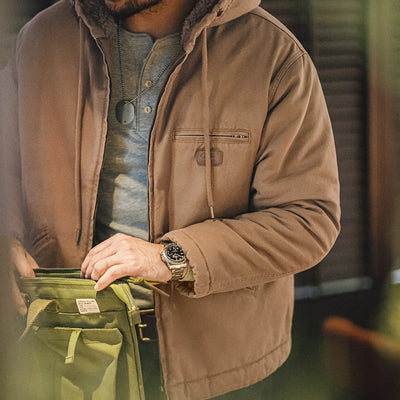 Maden Retro J141 Active Hooded Jacket Solid Color Sherpa Fleece Cotton-padded Coat with Velvet Warm  Canvas Outerwear for Men