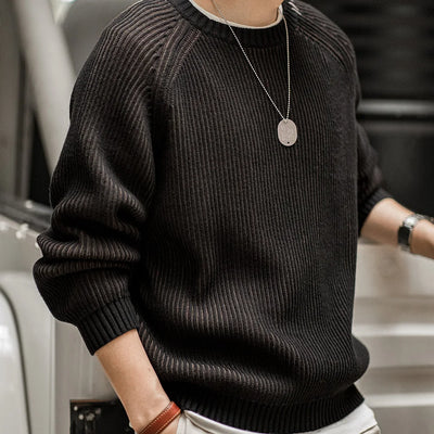 Maden Vintage Vertical Striped Knitted Sweater Round Neck Thick Warm Base Layer for Men's Autumn and Winter  Versatile Pullover