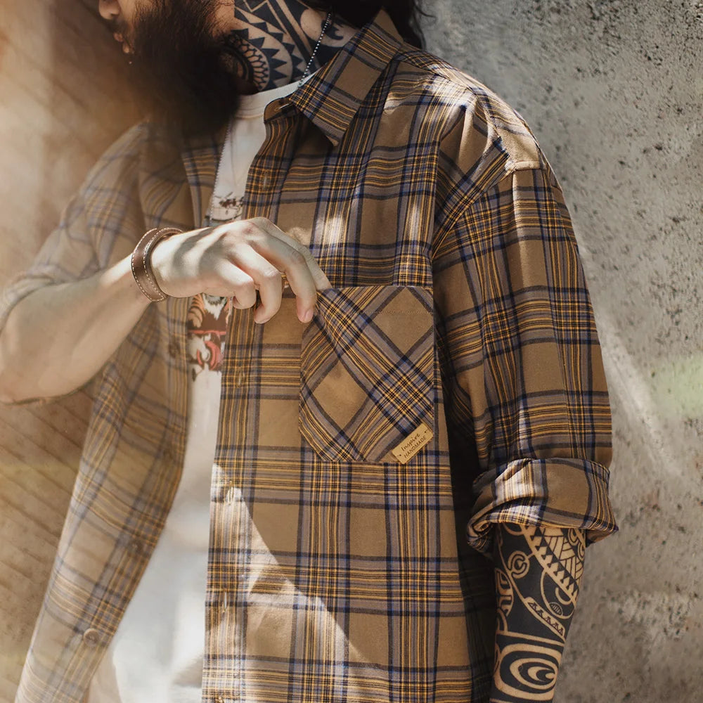 Maden Men's Vintage Plaid Long Sleeve Shirt Lightweight Cotton Single-breasted Collar Loose Fit Blouse Casual Spring Fall Top