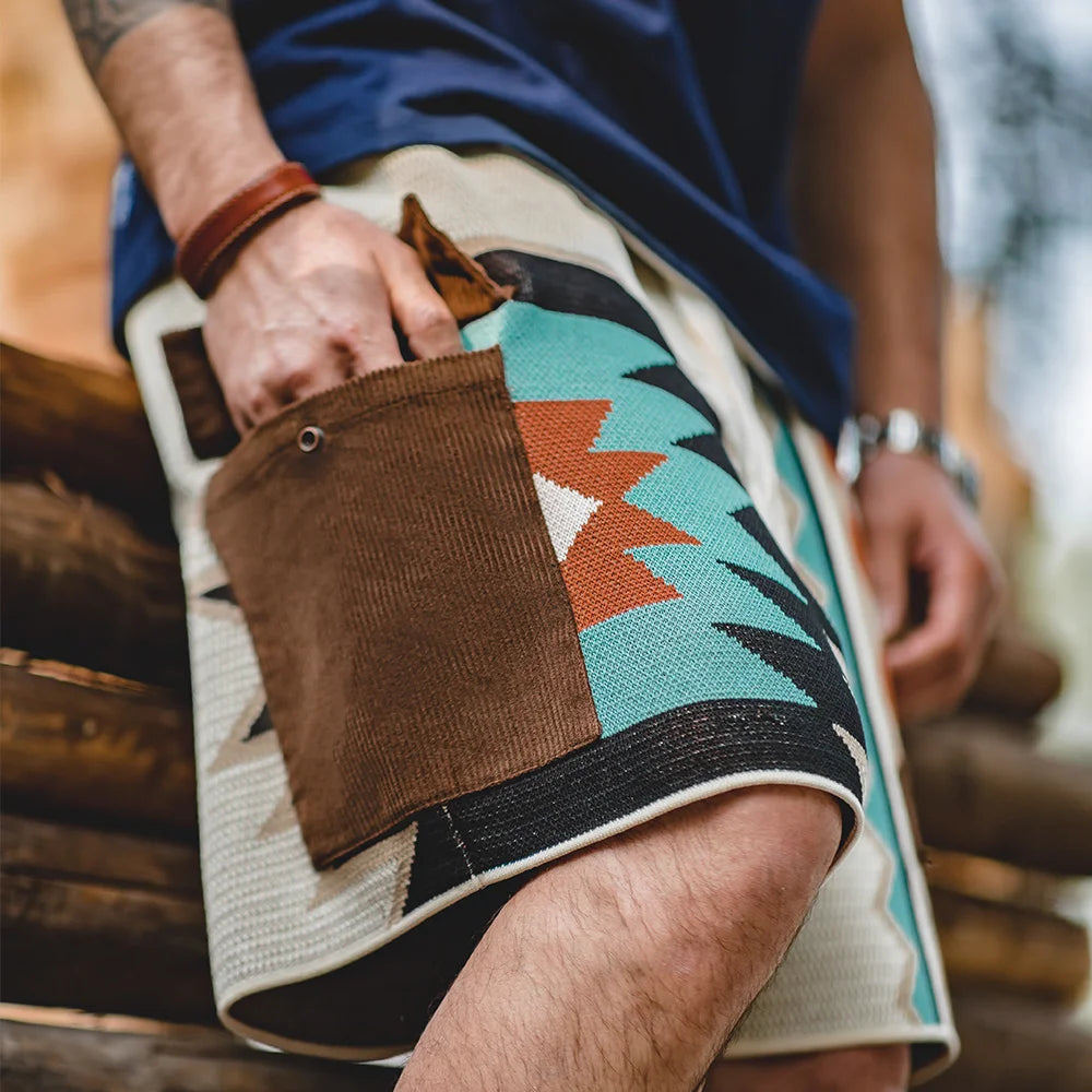 Maden Navajo Totem Knitted Shorts Men's  Elastic Waist Casual Shorts with Corduroy Pocket Summer Beach Breathable Short Pants