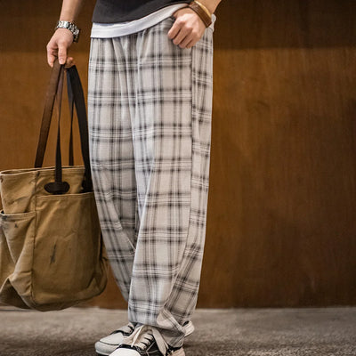 Maden Vintage Checkered Cargo Pants Men's Spring Lightweight Loose Fit Drawstring Waist Straight Trousers Casual Wide Leg Pants
