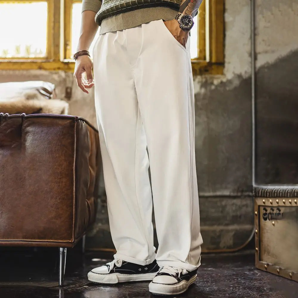 Maden Men's White Casual Pants Commuting Herringbone Straight-Leg Trousers Double Back Pockets Loose Fit Pants for Spring Fall