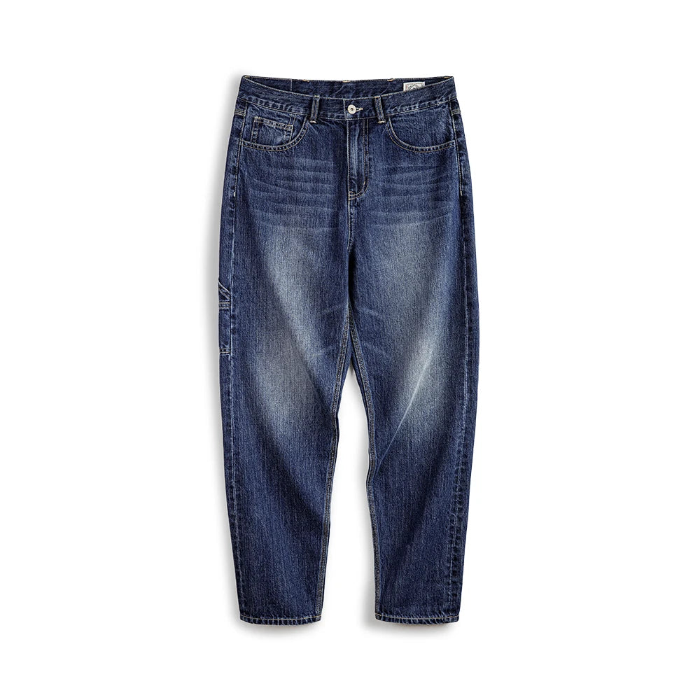 Maden Retro Blue Logging Jeans Washed Denim Loose Cotton Non-elastic Waist Trousers for Men's Daily
