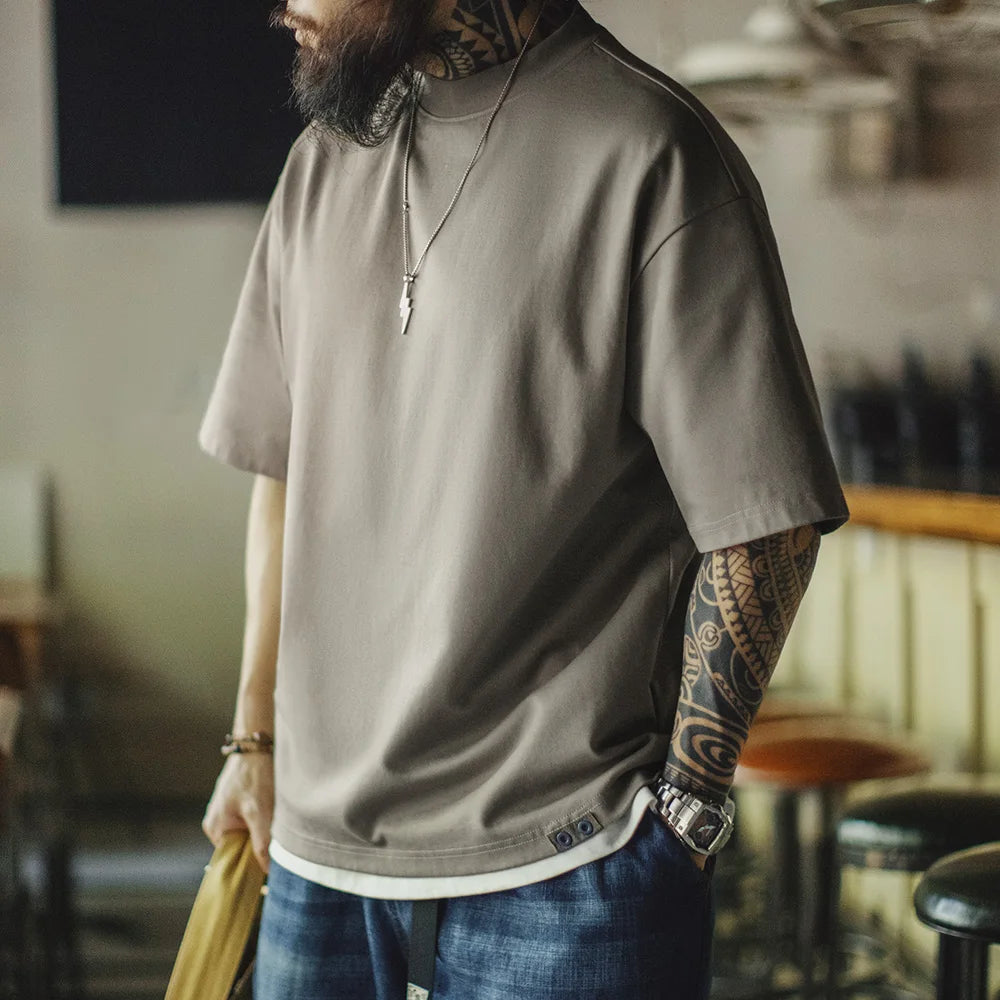 Maden Casual Embroidered Letter Short Sleeves T-Shirt Men's Summer Heavyweight Gray Loose Crew Neck Tee Breathable Street Tops
