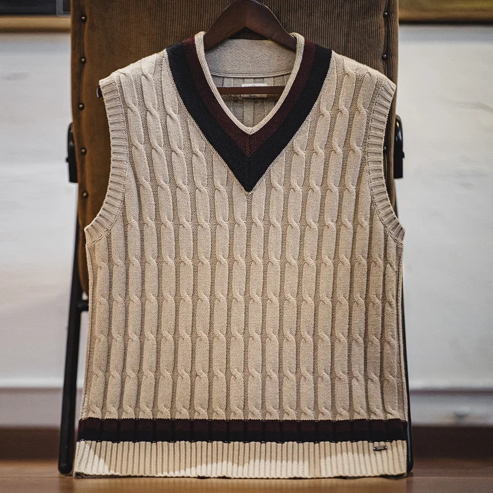 Maden Retro Ivy Knit V-Neck Sweaters Vest Color-Block Sleeveless Classic Versatile Men's Khaki Tops with Preppy Style for Autumn