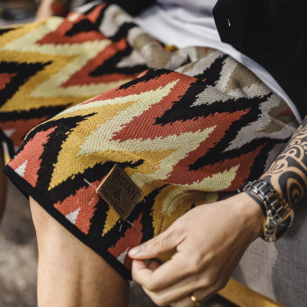 Maden Vintage Navajo Print Shorts Men's Summer Heavyweight Hawaiian Elastic Waist Shorts Woven Beach Vacation Casual Pants