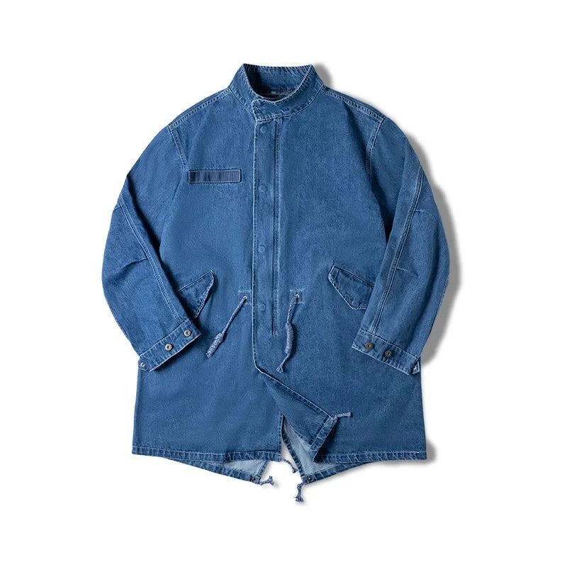 Maden American Retro M65 Denim Fishtail Trench Coats Loose Profile Mid-length Windbreaker Men's Autumn Jackets Casual Overcoat