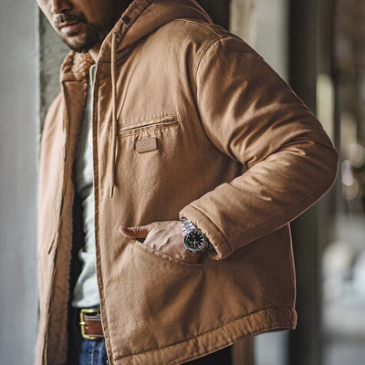 Maden Retro J141 Active Hooded Jacket Solid Color Sherpa Fleece Cotton-padded Coat with Velvet Warm  Canvas Outerwear for Men