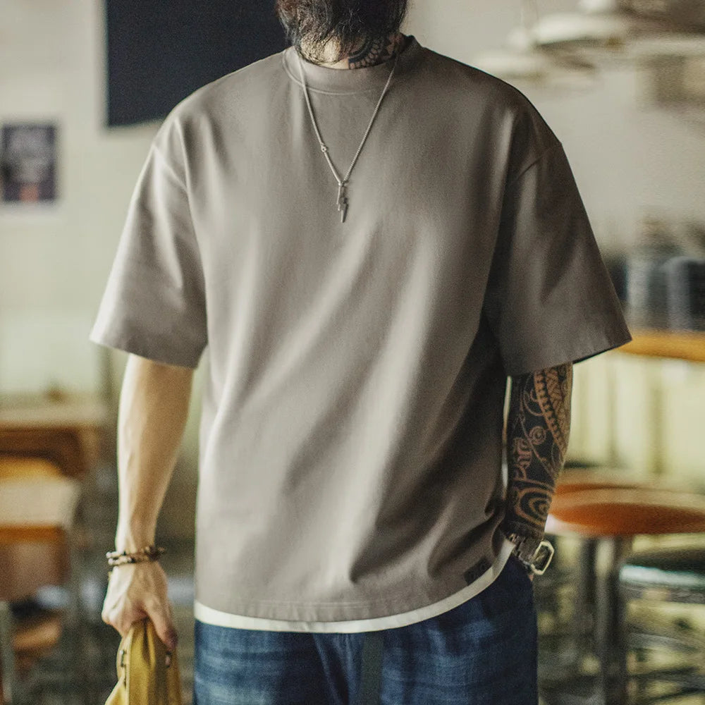 Maden Casual Embroidered Letter Short Sleeves T-Shirt Men's Summer Heavyweight Gray Loose Crew Neck Tee Breathable Street Tops