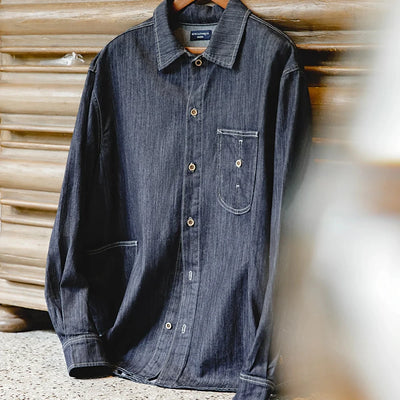 Maden Vintage Washed Denim Long-sleeved Shirt with Large Pocket Single-breasted Loose Lapel Blouses for Men's Autumn Tops