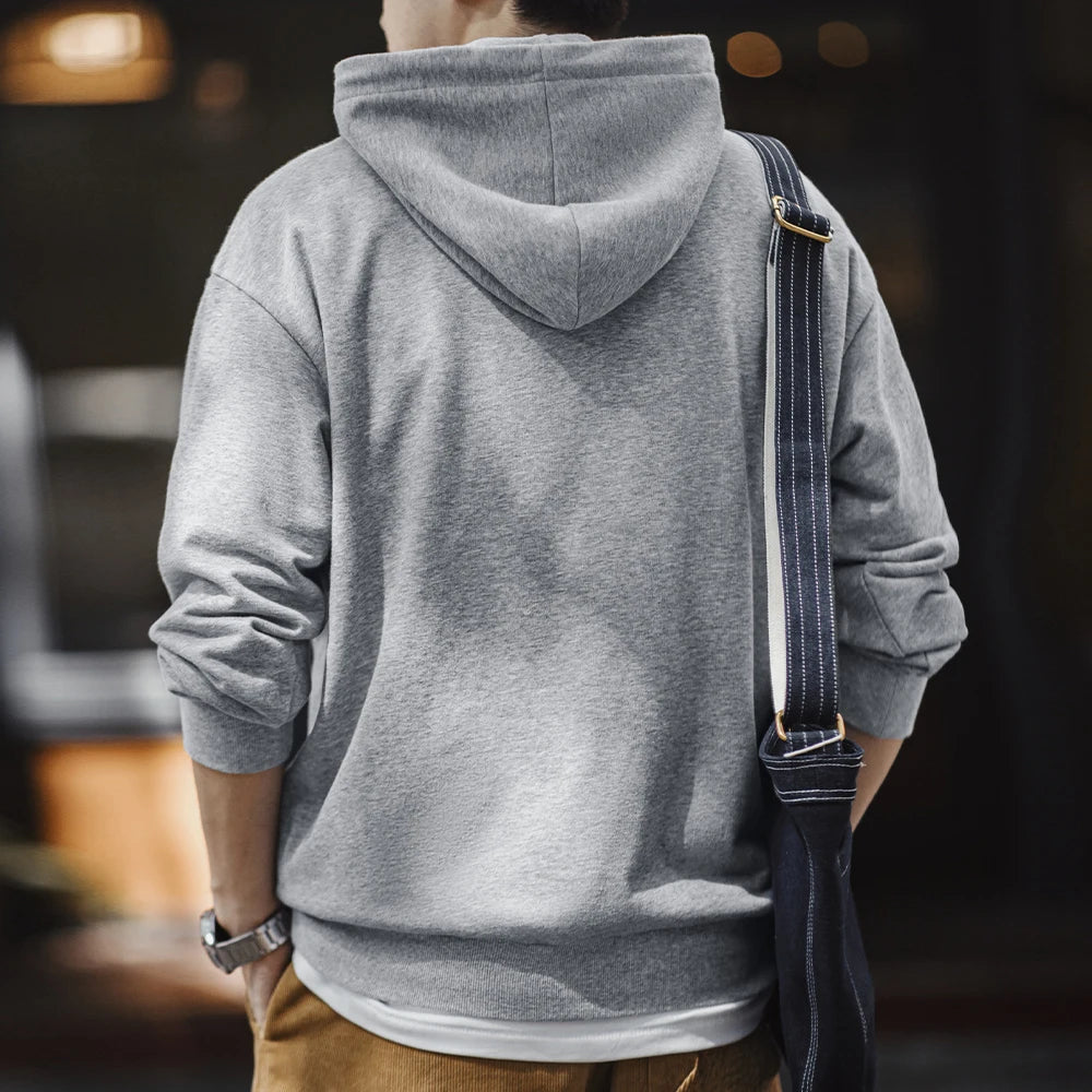 Maden Casual Denim Pocket-Spliced Hooded Sweatshirt Cleanfit Long-Sleeved Sports Top for Men Spring and Fall Versatile Pullover