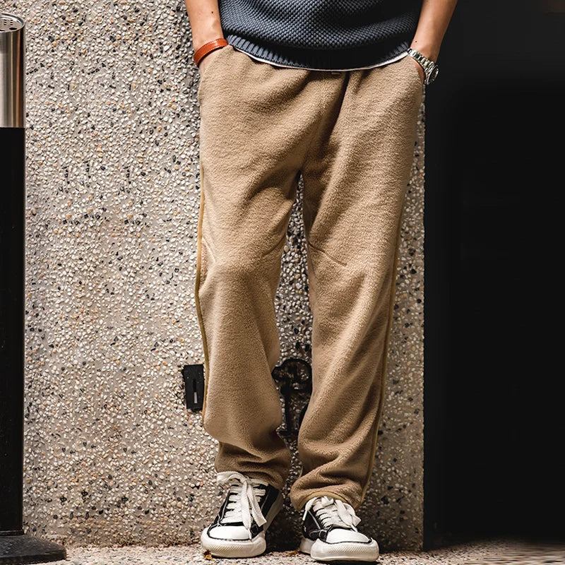Maden Men's Autumn Winter Pants American Style Fleece Knitted Pants With Warm Elastic Waist And Plush Casual Pants