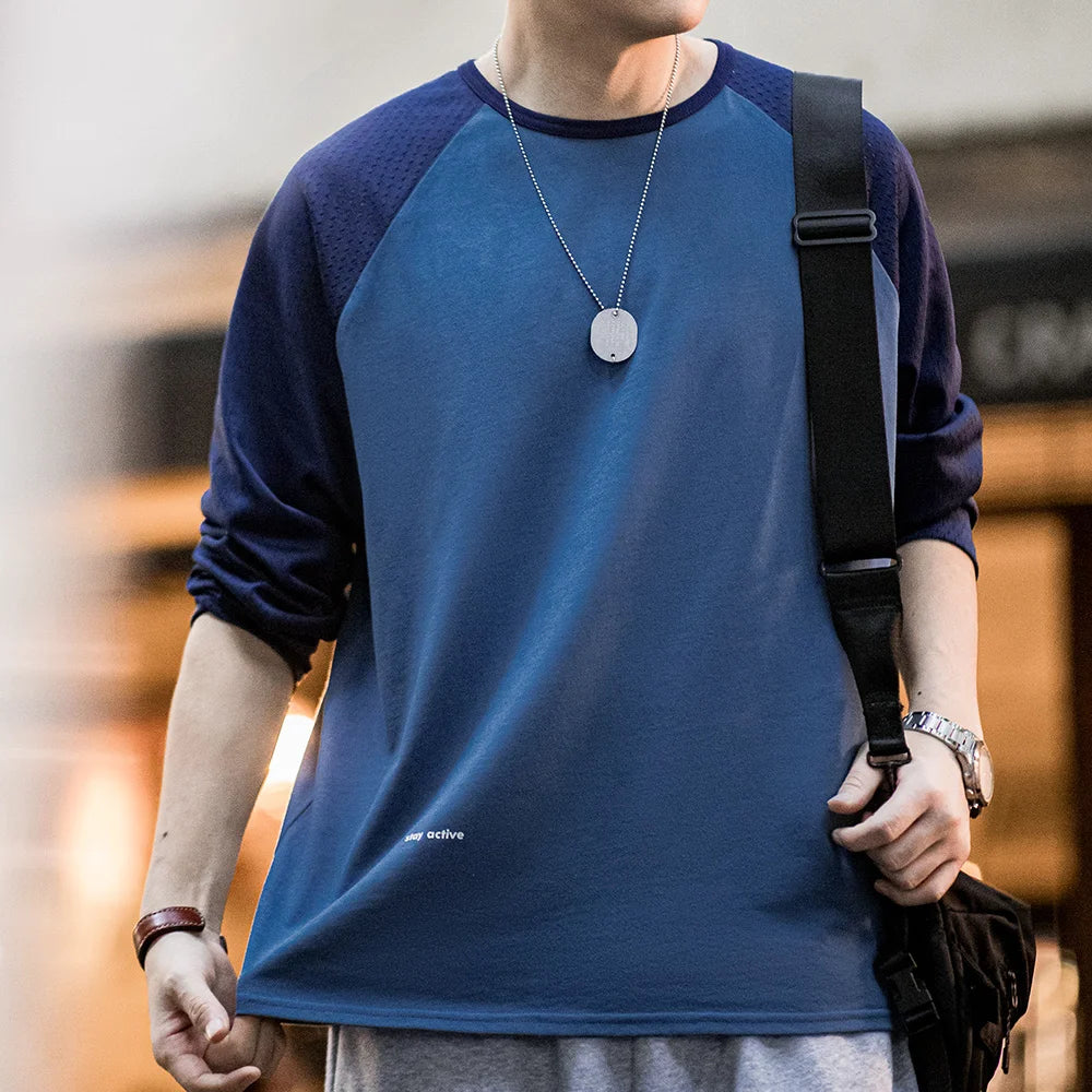 Maden Casual Color-Block Mesh Long Sleeve T-Shirt Men's Spring Round Neck Pullover Breathable Layering Tee Blue Versatile Top
