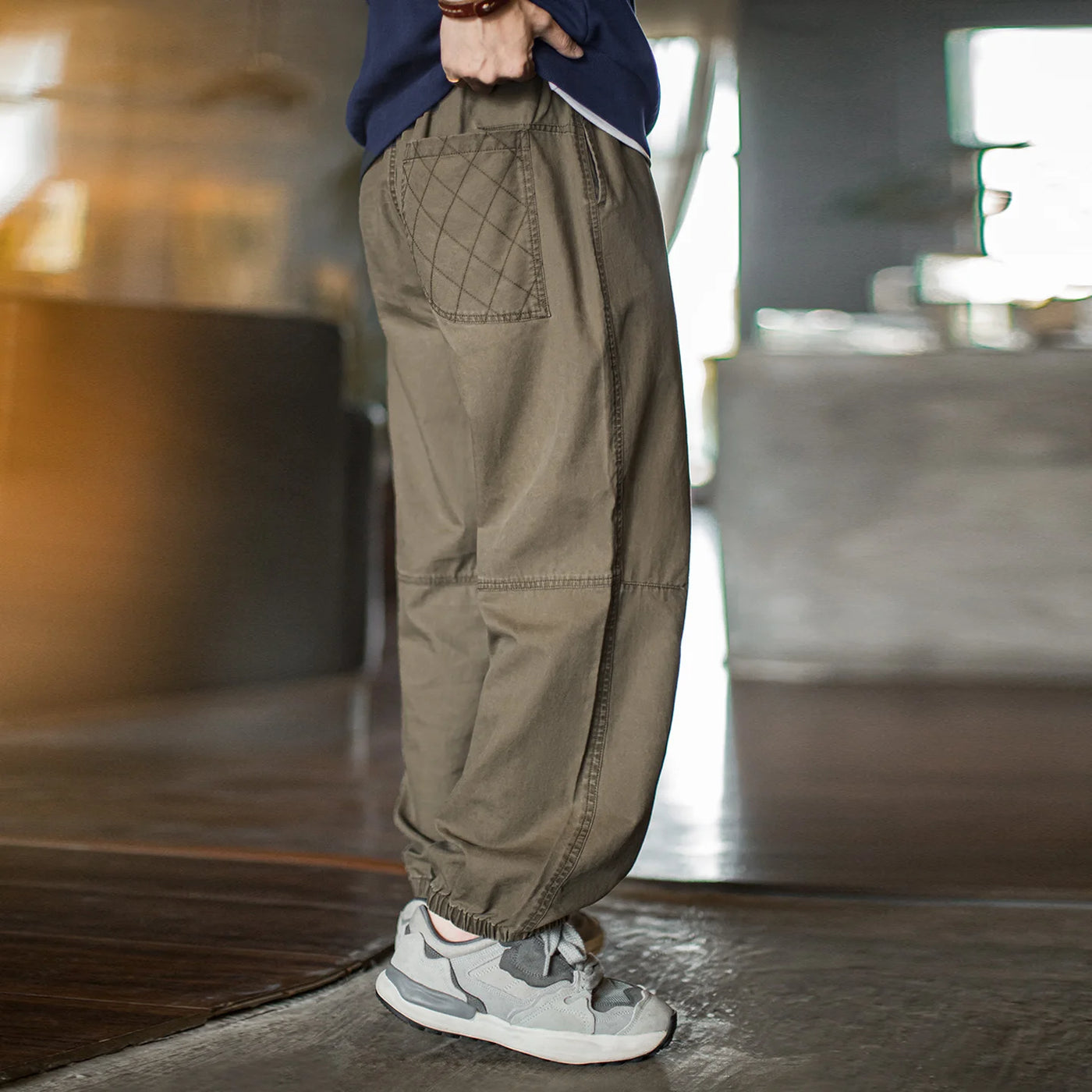 Maden Men's Vintage Aged Trousers Drawstring Elastic Waist Cotton Casual Pants Loose Fit Cuffed with Plaid Pocket Spring Fall